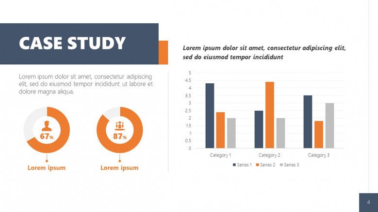Case Study benefits Slide for hard data with data-driven pie charts and column charts