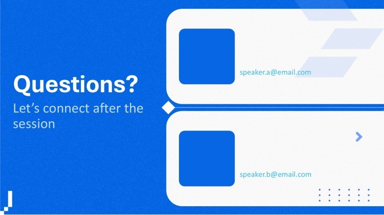 A joint contact presentation slide featuring a split-screen design for both speakers to share email addresses and LinkedIn profiles.
