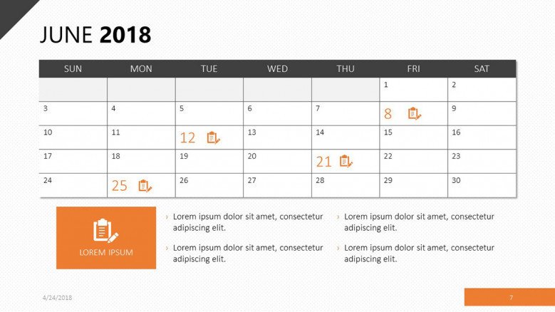 Calendar June 2018 slide in orange trim