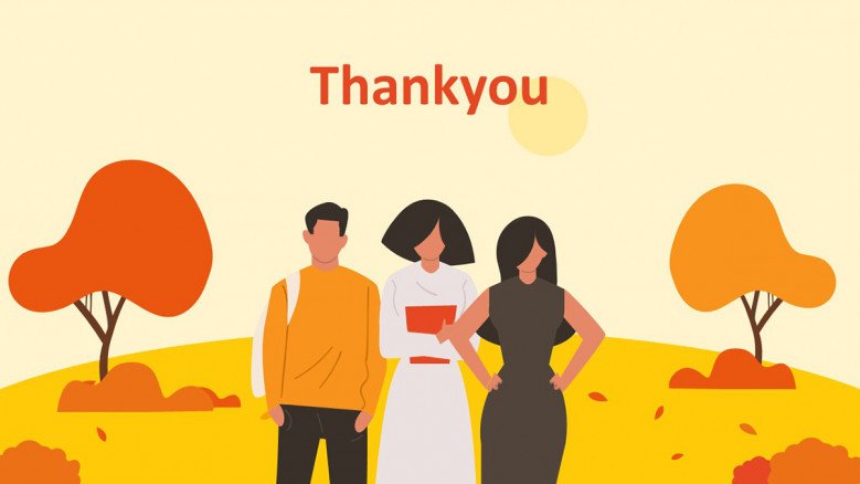 Thank you slide with a fall forest illustration and three young people