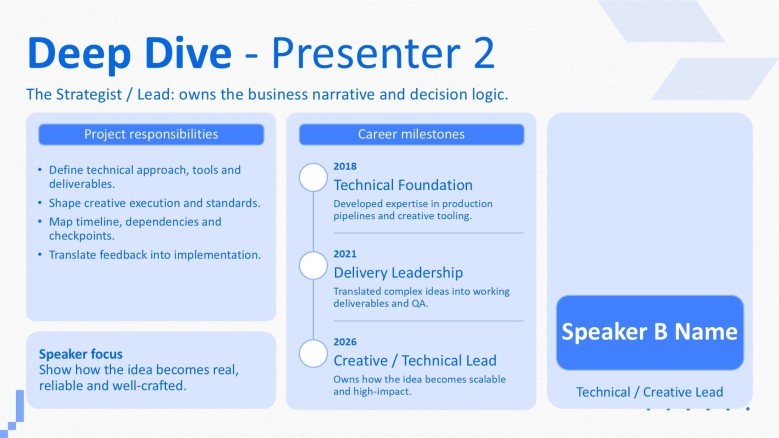 A deep dive profile slide dedicated to the second presenter, mirroring the previous layout for technical execution and skills.