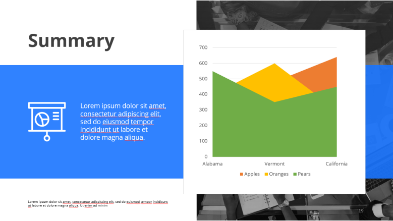 Summary slide in the sales presentation template with the main idea and an accompanying graph for a concise overview