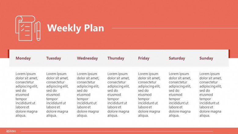 7-day weekly plan from Monday to Sunday