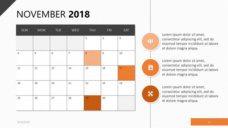 november 2018 calendar with bullet points description text