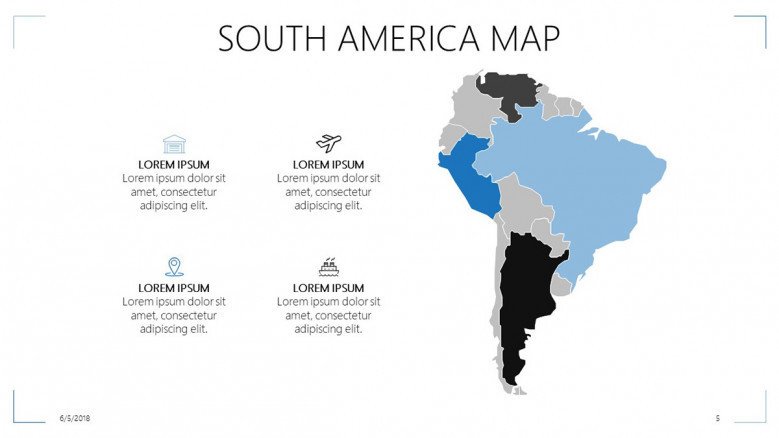 south america map with four key factors and icons and text