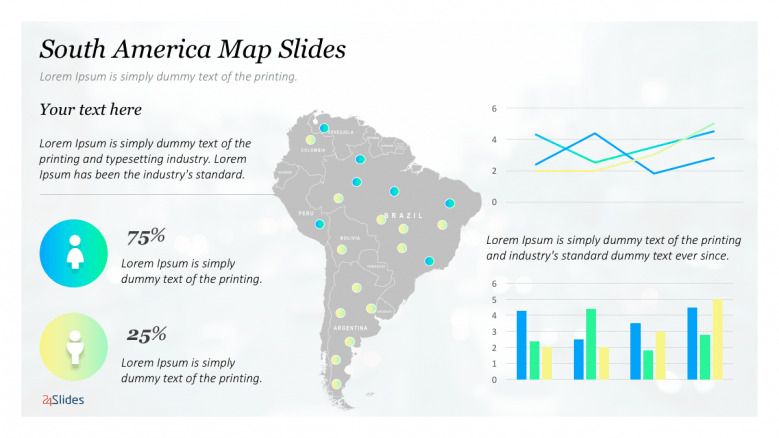 South America map with icons and graphs