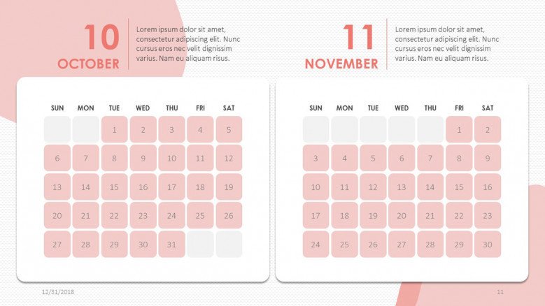 2019 calendar october november in creative style with description text box