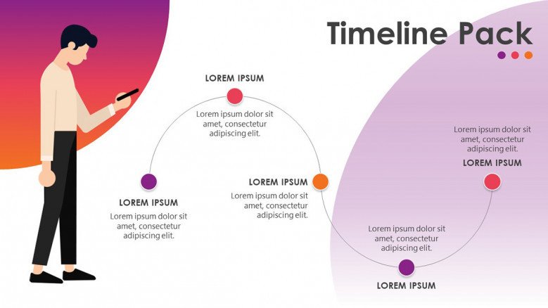 timeline slide in curve chart with five steps and comment texts