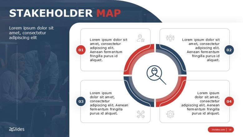 Stakeholders Matrix with four icons and text boxes in corporate style