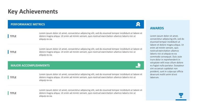 Key achievements slide with awards and performance metrics