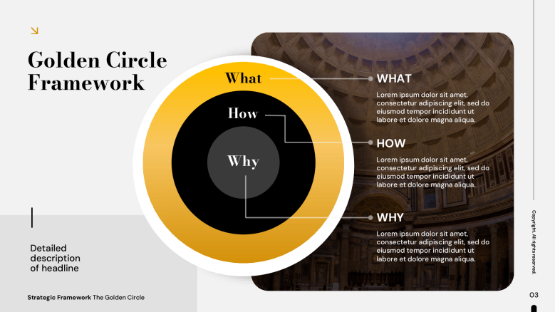 Golden Circle Framework Slide with three icons to describe your strategy