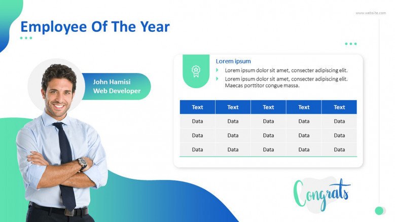 'Employee of the Year' congratulatory slide with picutre and data driven text in table