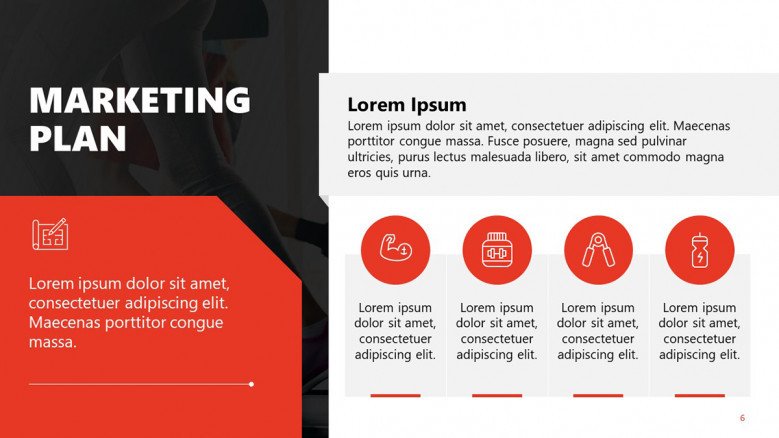 Red and Black Marketing Plan PowerPoint Slide with gym-themed icons
