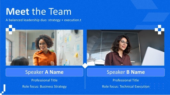 A balanced co-presenter two bios PowerPoint slide featuring a split-screen layout to introduce two speakers side-by-side.
