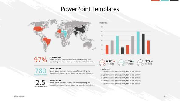 corporate slide with world map and vertical bar chart